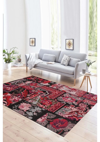 Dijital Baskı Kaymaz Taban Yıkanabilir Patchwork Yolluk Mutfak Salon Halısı, N-Patchwork-12-Kırmızı,
