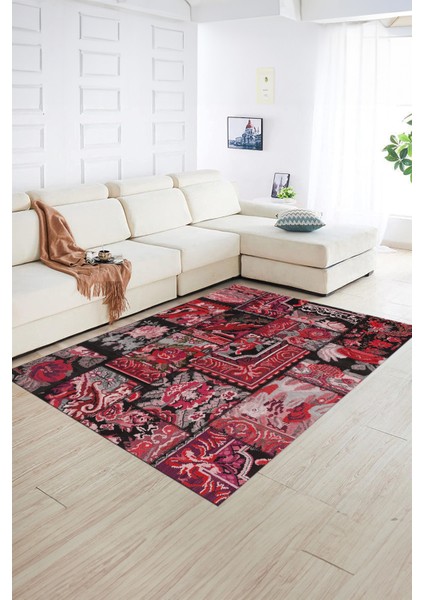 Dijital Baskı Kaymaz Taban Yıkanabilir Patchwork Yolluk Mutfak Salon Halısı, N-Patchwork-12-Kırmızı,