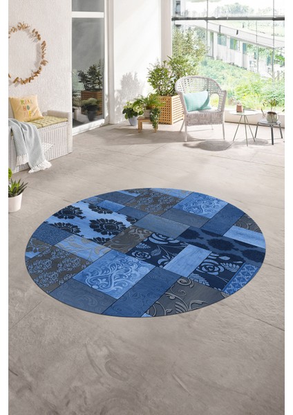 Dijital Kaymaz Yıkanabilir Patchwork Yuvarlak Balkon Mutfak Salon Halısı, N-Y-Patchwork-16-Mavi,