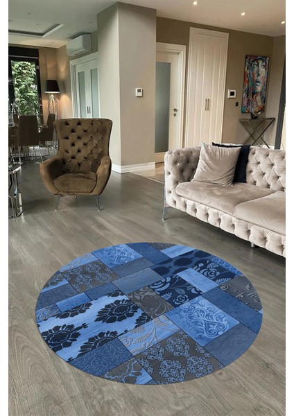 Dijital Kaymaz Yıkanabilir Patchwork Yuvarlak Balkon Mutfak Salon Halısı, N-Y-Patchwork-16-Mavi, fiyatları
