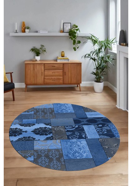 Dijital Kaymaz Yıkanabilir Patchwork Yuvarlak Balkon Mutfak Salon Halısı, N-Y-Patchwork-16-Mavi, modelleri