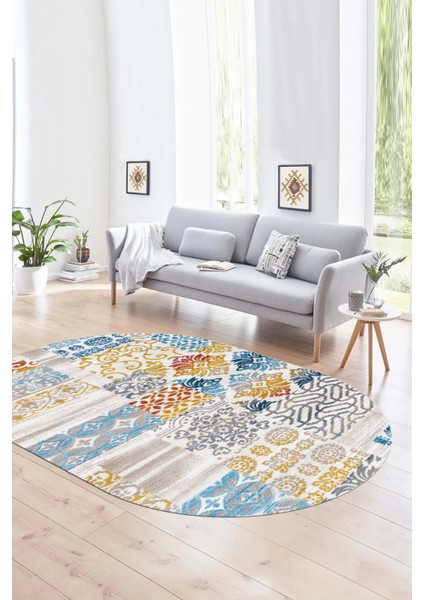 Dijital Kaymaz Yıkanabilir Patchwork Oval Yolluk Mutfak Salon Halısı, N-O-Patchwork-02-Renkli,