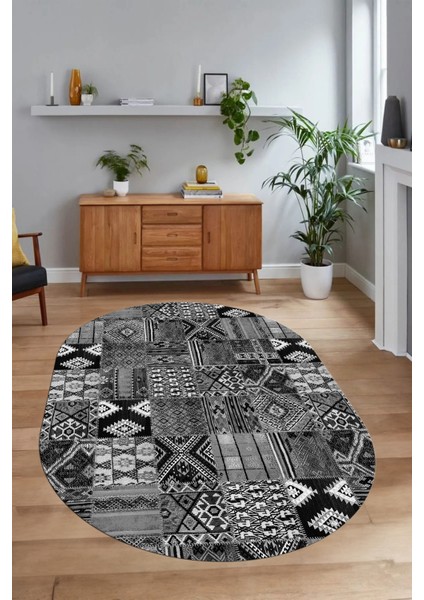 Dijital Kaymaz Yıkanabilir Patchwork Oval Yolluk Mutfak Salon Halısı, N-O-Patchwork-06-Gri, modelleri