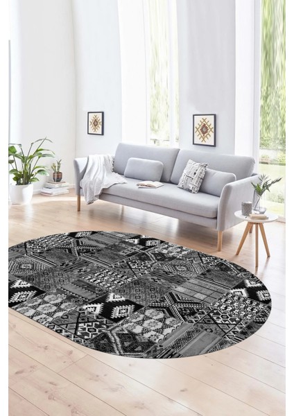 Dijital Kaymaz Yıkanabilir Patchwork Oval Yolluk Mutfak Salon Halısı, N-O-Patchwork-06-Gri, fırsatları