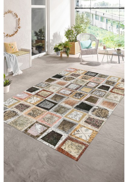 Dijital Baskı Kaymaz Taban Yıkanabilir Patchwork Yolluk Mutfak Salon Halısı, N-Patchwork-14-Kahve,