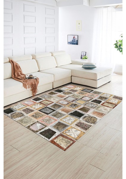 Dijital Baskı Kaymaz Taban Yıkanabilir Patchwork Yolluk Mutfak Salon Halısı, N-Patchwork-14-Kahve, indirimleri