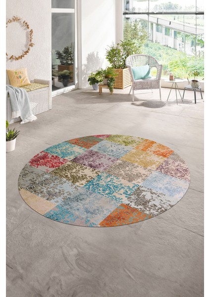 Dijital Kaymaz Yıkanabilir Patchwork Yuvarlak Balkon Mutfak Salon Halısı, N-Y-Patchwork-17-Renkli,