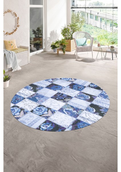 Dijital Kaymaz Yıkanabilir Patchwork Yuvarlak Balkon Mutfak Salon Halısı, N-Y-Patchwork-19-Mavi,
