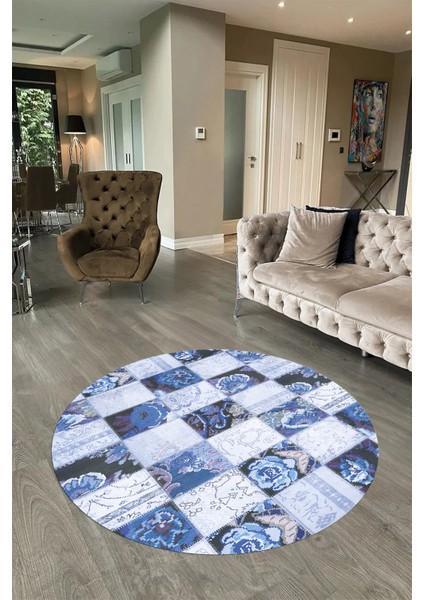 Dijital Kaymaz Yıkanabilir Patchwork Yuvarlak Balkon Mutfak Salon Halısı, N-Y-Patchwork-19-Mavi, fiyatları