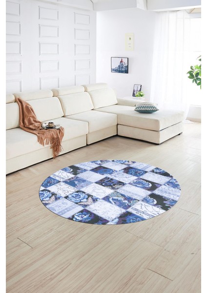 Dijital Kaymaz Yıkanabilir Patchwork Yuvarlak Balkon Mutfak Salon Halısı, N-Y-Patchwork-19-Mavi, indirimleri