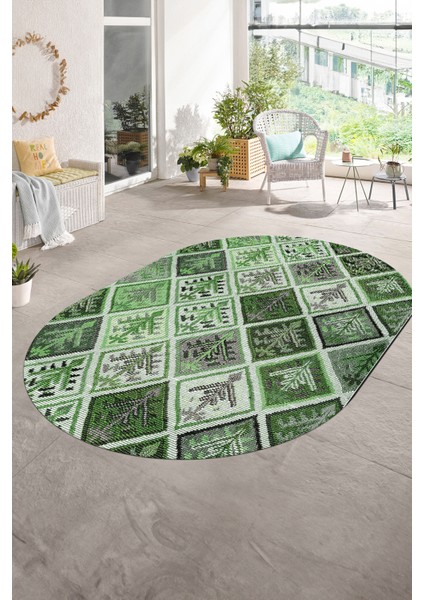 Dijital Kaymaz Yıkanabilir Patchwork Oval Yolluk Mutfak Salon Halısı, N-O-Patchwork-08-Yeşil,