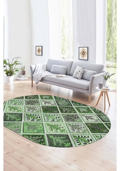 Dijital Kaymaz Yıkanabilir Patchwork Oval Yolluk Mutfak Salon Halısı, N-O-Patchwork-08-Yeşil, fırsatları