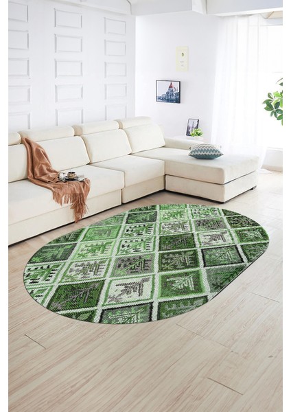 Dijital Kaymaz Yıkanabilir Patchwork Oval Yolluk Mutfak Salon Halısı, N-O-Patchwork-08-Yeşil, indirimleri