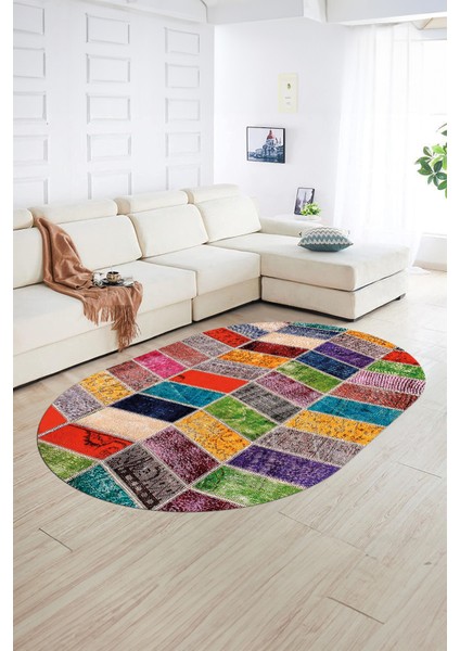 Dijital Kaymaz Yıkanabilir Patchwork Oval Yolluk Mutfak Salon Halısı, N-O-Patchwork-10-Renkli,