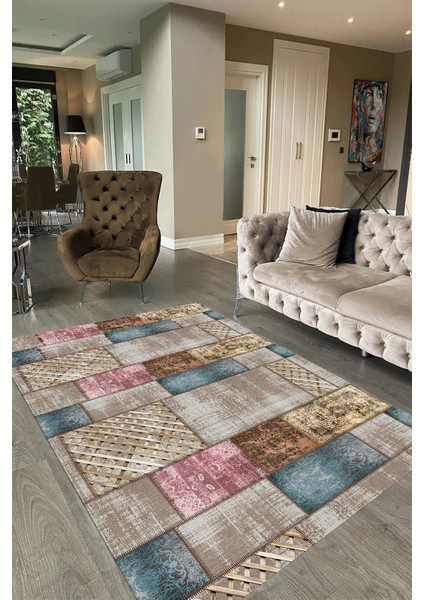 Dijital Baskı Kaymaz Taban Yıkanabilir Patchwork Yolluk Mutfak Salon Halısı, N-Patchwork-18-Renkli,