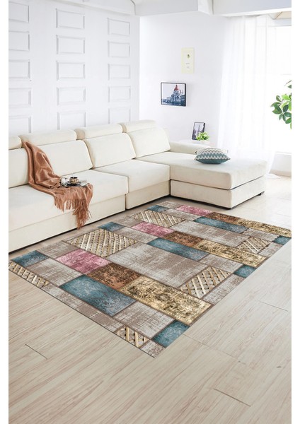 Dijital Baskı Kaymaz Taban Yıkanabilir Patchwork Yolluk Mutfak Salon Halısı, N-Patchwork-18-Renkli,