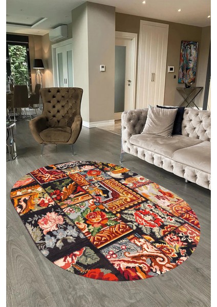 Dijital Kaymaz Yıkanabilir Patchwork Oval Yolluk Mutfak Salon Halısı, N-O-Patchwork-12-Renkli, fiyatları
