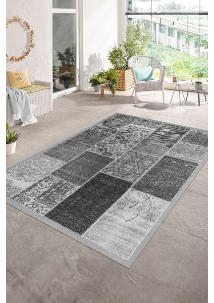 Dijital Baskı Kaymaz Taban Yıkanabilir Patchwork Yolluk Mutfak Salon Halısı, N-Patchwork-01-Gri,
