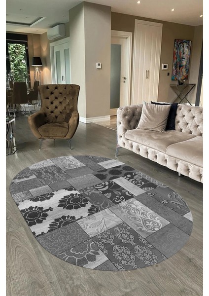 Dijital Kaymaz Yıkanabilir Patchwork Oval Yolluk Mutfak Salon Halısı, N-O-Patchwork-16-Gri, fiyatları