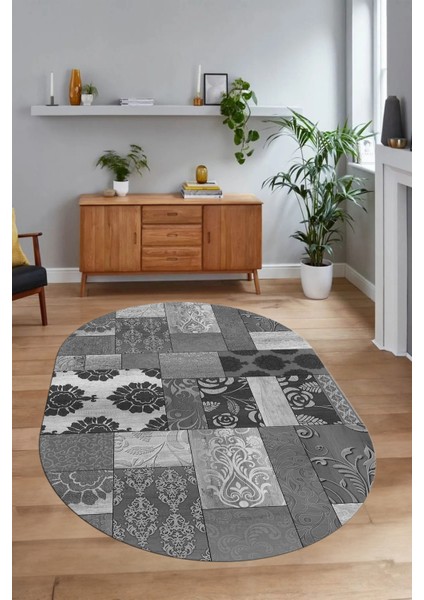 Dijital Kaymaz Yıkanabilir Patchwork Oval Yolluk Mutfak Salon Halısı, N-O-Patchwork-16-Gri, modelleri