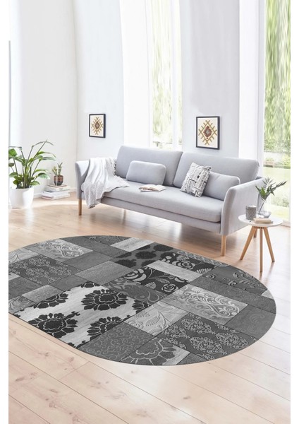 Dijital Kaymaz Yıkanabilir Patchwork Oval Yolluk Mutfak Salon Halısı, N-O-Patchwork-16-Gri, fırsatları