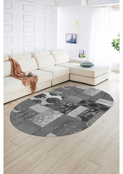 Dijital Kaymaz Yıkanabilir Patchwork Oval Yolluk Mutfak Salon Halısı, N-O-Patchwork-16-Gri, indirimleri