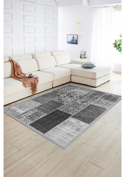 Dijital Baskı Kaymaz Taban Yıkanabilir Patchwork Yolluk Mutfak Salon Halısı, N-Patchwork-01-Gri, indirimleri