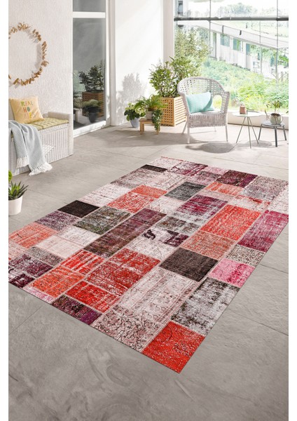 Dijital Baskı Kaymaz Taban Yıkanabilir Patchwork Yolluk Mutfak Salon Halısı, N-Patchwork-03-Kırmızı,