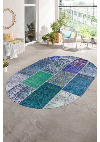 Dijital Kaymaz Yıkanabilir Patchwork Oval Yolluk Mutfak Salon Halısı, N-O-Patchwork-01-Mavi,