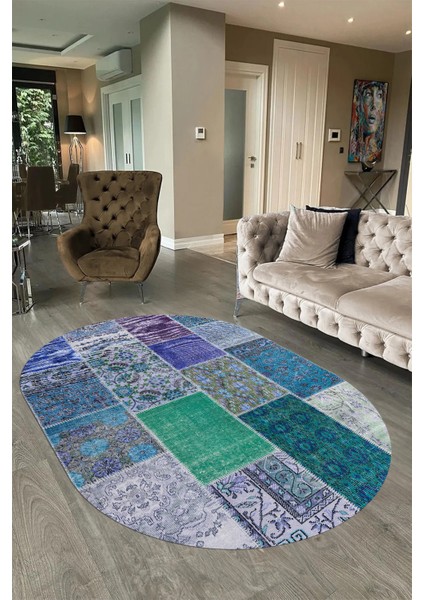 Dijital Kaymaz Yıkanabilir Patchwork Oval Yolluk Mutfak Salon Halısı, N-O-Patchwork-01-Mavi, fiyatları
