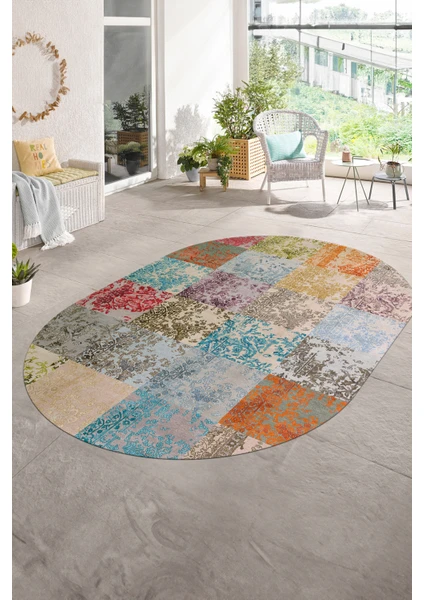 Napoli Home Dijital Kaymaz Yıkanabilir Patchwork Oval Yolluk Mutfak Salon Halısı, N-O-Patchwork-17-Renkli,