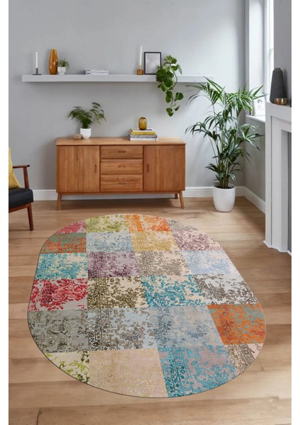 Dijital Kaymaz Yıkanabilir Patchwork Oval Yolluk Mutfak Salon Halısı, N-O-Patchwork-17-Renkli,