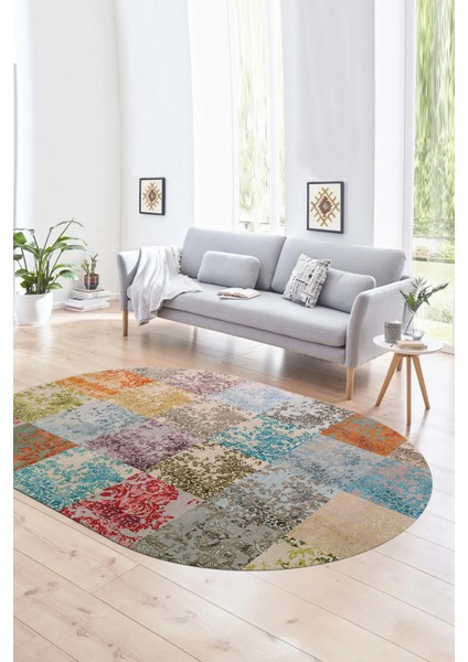 Dijital Kaymaz Yıkanabilir Patchwork Oval Yolluk Mutfak Salon Halısı, N-O-Patchwork-17-Renkli,