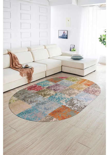 Dijital Kaymaz Yıkanabilir Patchwork Oval Yolluk Mutfak Salon Halısı, N-O-Patchwork-17-Renkli,