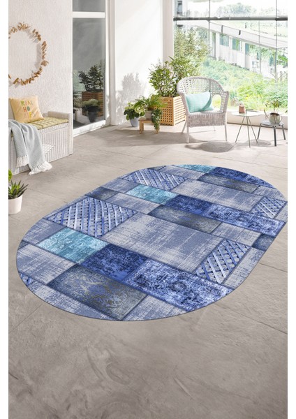 Dijital Kaymaz Yıkanabilir Patchwork Oval Yolluk Mutfak Salon Halısı, N-O-Patchwork-18-Mavi,