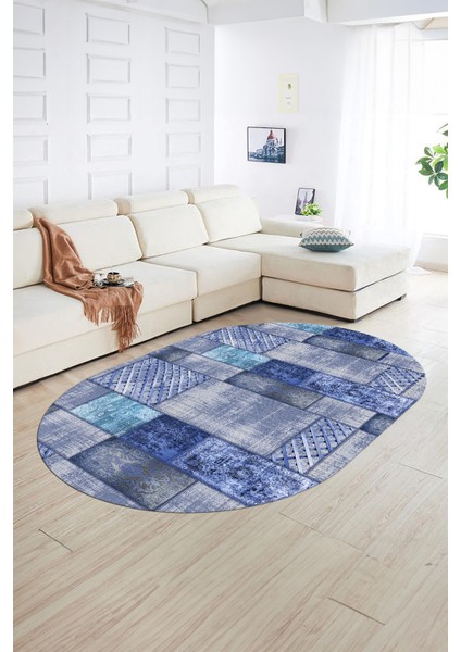 Dijital Kaymaz Yıkanabilir Patchwork Oval Yolluk Mutfak Salon Halısı, N-O-Patchwork-18-Mavi,