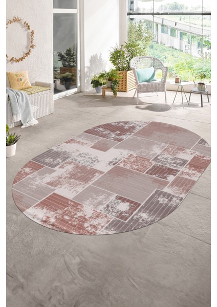 Dijital Kaymaz Yıkanabilir Patchwork Oval Yolluk Mutfak Salon Halısı, N-O-Patchwork-20-Kahve,