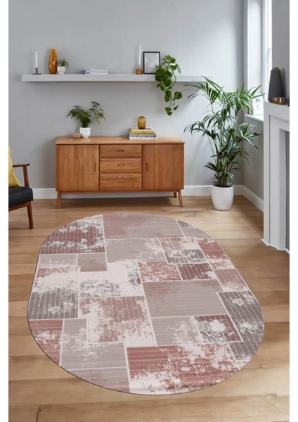 Dijital Kaymaz Yıkanabilir Patchwork Oval Yolluk Mutfak Salon Halısı, N-O-Patchwork-20-Kahve,