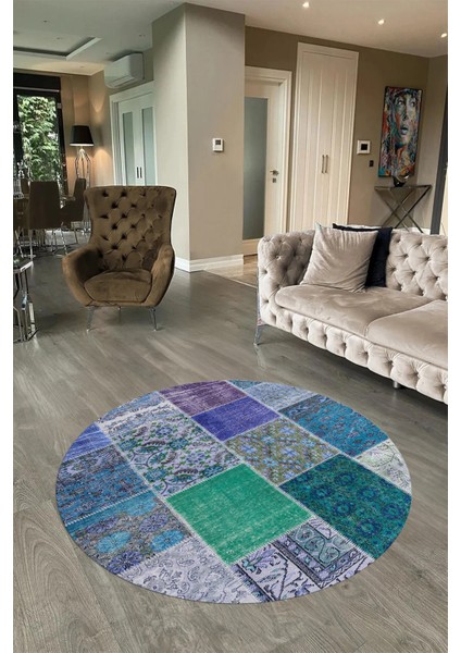 Dijital Kaymaz Yıkanabilir Patchwork Yuvarlak Balkon Mutfak Salon Halısı, N-Y-Patchwork-01-Mavi, fiyatları