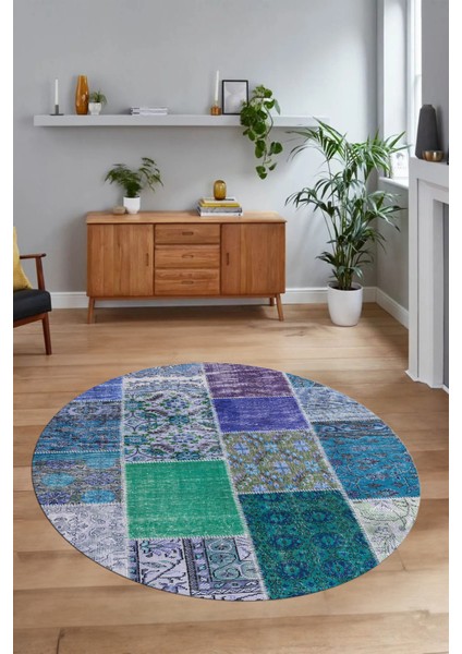 Dijital Kaymaz Yıkanabilir Patchwork Yuvarlak Balkon Mutfak Salon Halısı, N-Y-Patchwork-01-Mavi, modelleri