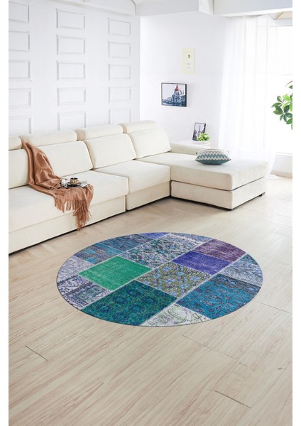 Dijital Kaymaz Yıkanabilir Patchwork Yuvarlak Balkon Mutfak Salon Halısı, N-Y-Patchwork-01-Mavi, indirimleri