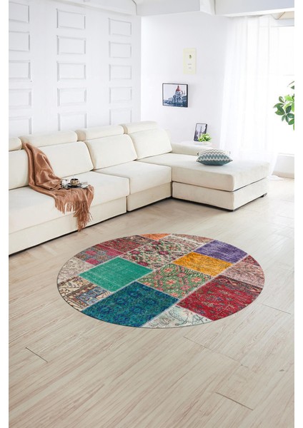 Dijital Kaymaz Yıkanabilir Patchwork Yuvarlak Balkon Mutfak Salon Halısı, N-Y-Patchwork-01-Renkli, indirimleri