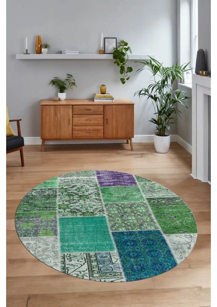 Dijital Kaymaz Yıkanabilir Patchwork Yuvarlak Balkon Mutfak Salon Halısı, N-Y-Patchwork-01-Yeşil, modelleri