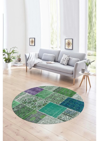 Dijital Kaymaz Yıkanabilir Patchwork Yuvarlak Balkon Mutfak Salon Halısı, N-Y-Patchwork-01-Yeşil, fırsatları