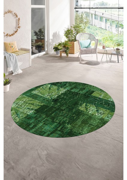 Dijital Kaymaz Yıkanabilir Patchwork Yuvarlak Balkon Mutfak Salon Halısı, N-Y-Patchwork-05-Yeşil,