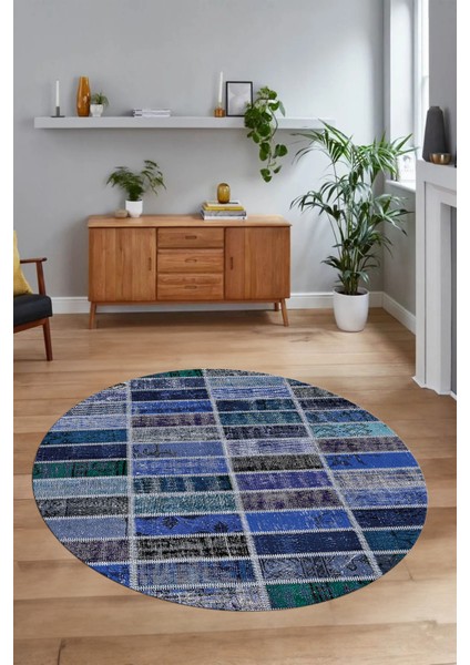 Dijital Kaymaz Yıkanabilir Patchwork Yuvarlak Balkon Mutfak Salon Halısı, N-Y-Patchwork-09-Mavi, modelleri