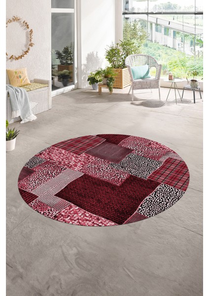 Dijital Kaymaz Yıkanabilir Patchwork Yuvarlak Balkon Mutfak Salon Halısı, N-Y-Patchwork-15-Kırmızı,