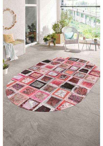 Dijital Kaymaz Yıkanabilir Patchwork Oval Yolluk Mutfak Salon Halısı, N-O-Patchwork-14-Kırmızı,