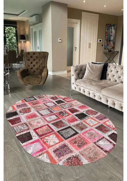 Dijital Kaymaz Yıkanabilir Patchwork Oval Yolluk Mutfak Salon Halısı, N-O-Patchwork-14-Kırmızı, fiyatları