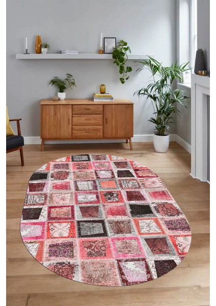 Dijital Kaymaz Yıkanabilir Patchwork Oval Yolluk Mutfak Salon Halısı, N-O-Patchwork-14-Kırmızı, modelleri